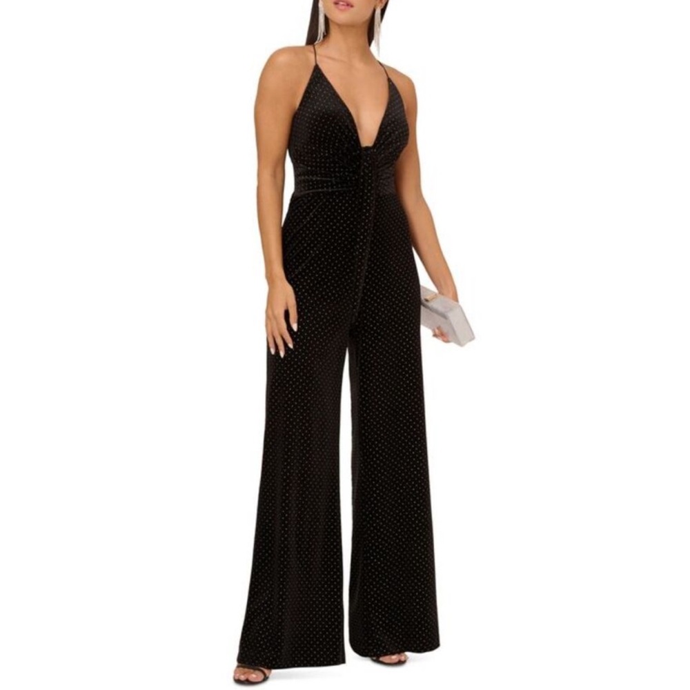 AIDAN Black Spaghetti Strap Crossed Back High Waist Jumpsuit With Gold Studs